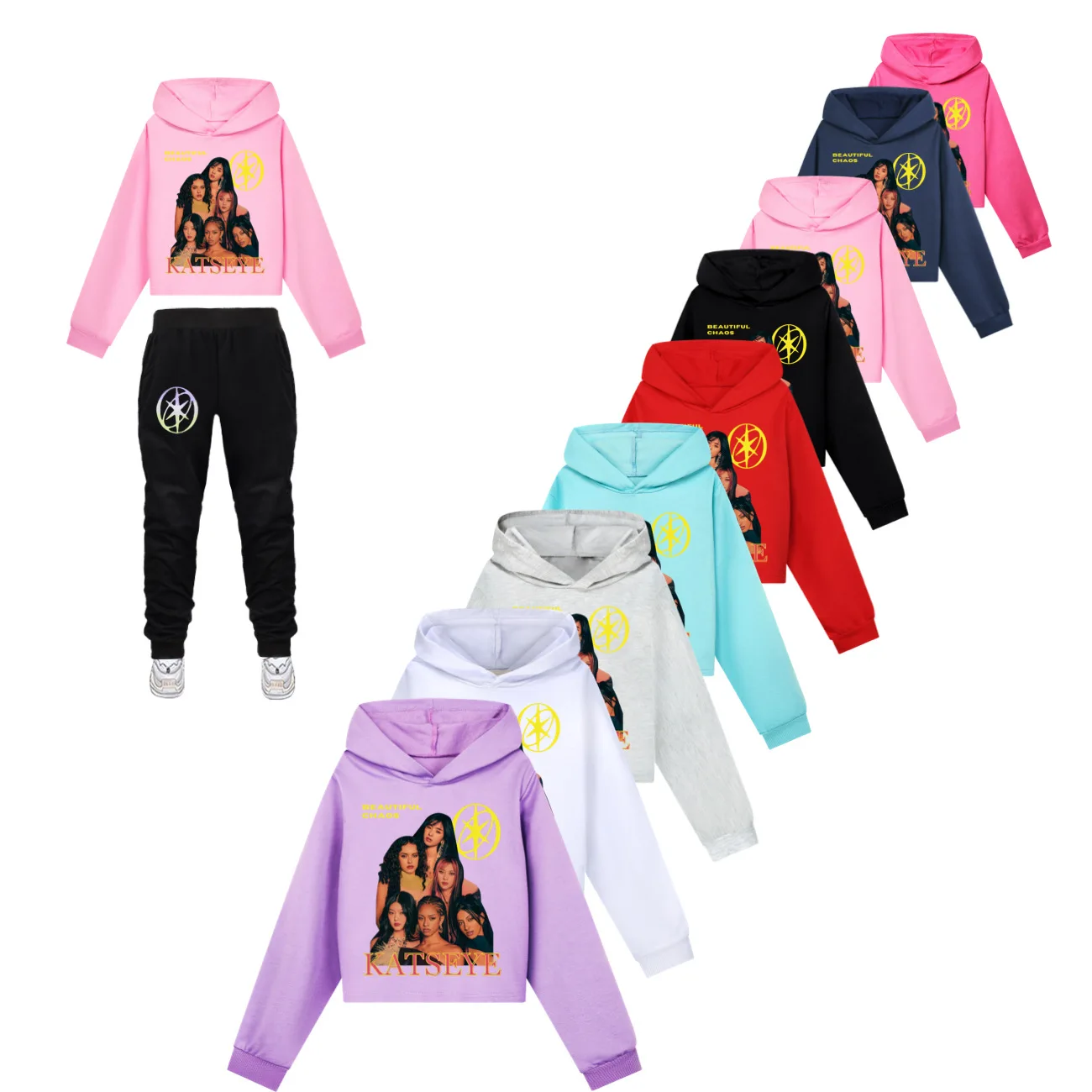 

Толстовки с забавным принтом Katseye, комплекты одежды для мальчиков, топы и брюки для девочек, костюмы из 2 предметов, детские бутиковые спортивные костюмы, подарочный комплект