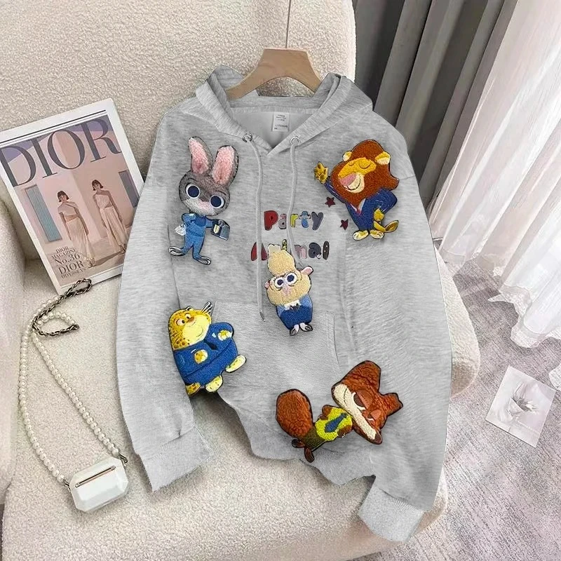 

Women's Cute Gray Hoodie with 3D Cartoon Patches - Lilo & Stitch & Animal Character Embellished Casual Sweatshirt