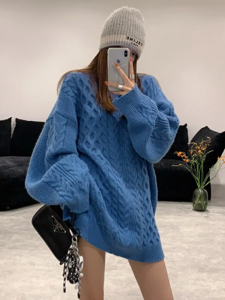 Maglione lavorato a maglia oversize allentato Felpa con cappuccio di media lunghezza da donna ey Autunno Inverno New Sle Coreano Sle Thiened Casual Faion