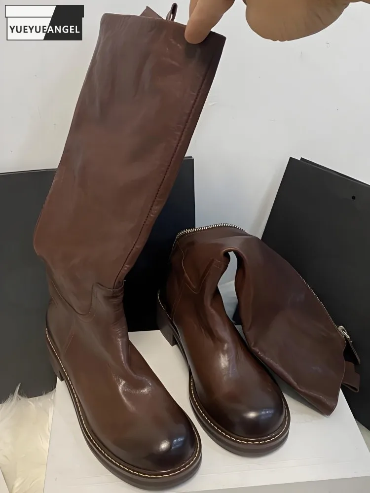 

Корейский стиль, женские высокие сапоги ручной работы из конской кожи с застежкой-молнией сзади, однотонные высокие сапоги в стиле ретро из натуральной кожи на среднем каблуке и платформе
