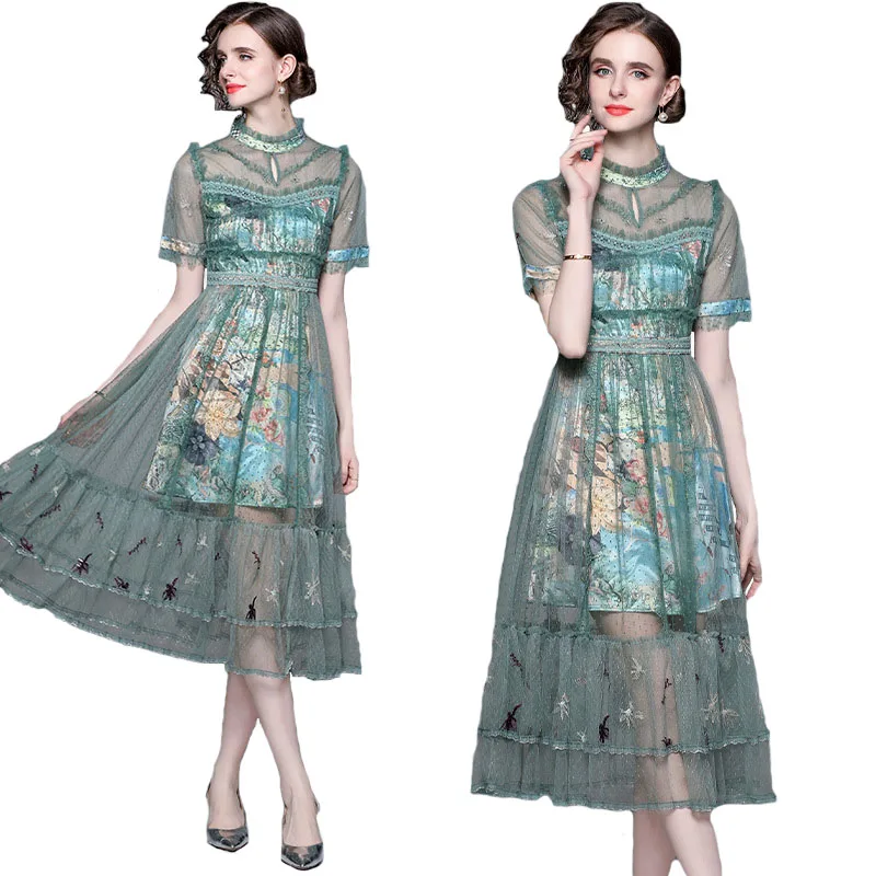 Fashion Summer Ruffles Mesh Flower Embroidery Dress Women Stand Long Sleeve Cartoon Print Patchwork Green Tulles Party Vestidos