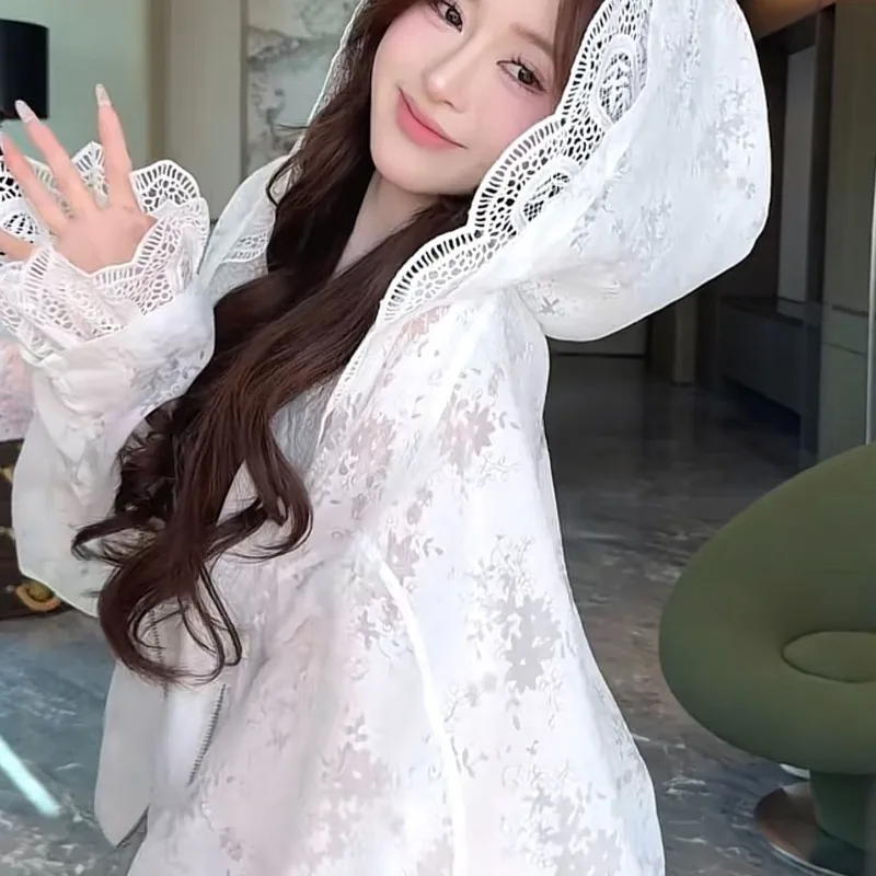 

Summer Lace Sheer Sun-protective Jacket Women Hooded Zip-up Sweatshirt Design Outerwear Loose Fashion Harajuku Vintag Coat