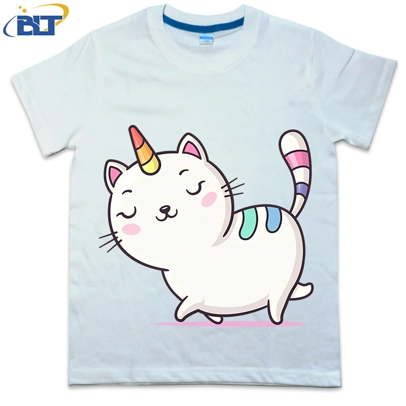 Camiseta con estampado de unicornio y gato para niños, tops informales de manga corta de algodón para niños y niñas, Verano