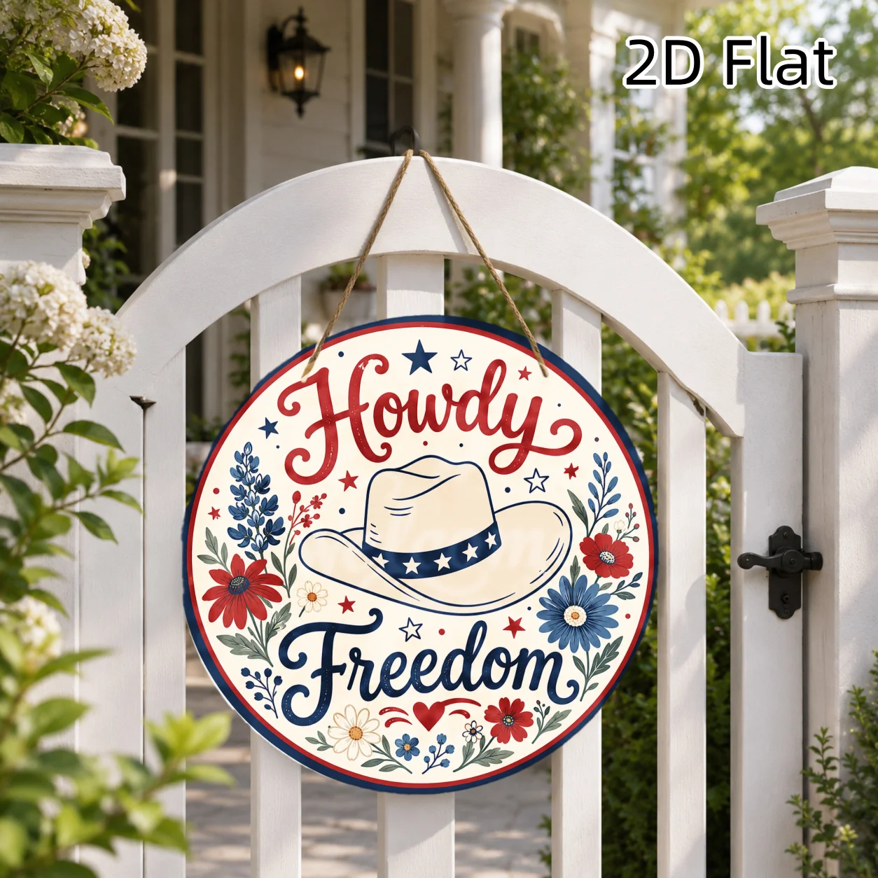 2D Flat Printing 1pc Round Wooden Hanging Sign, Patriotic Red Blue Floral Cowboy Hat Star Pattern Western Country Wooden Board,