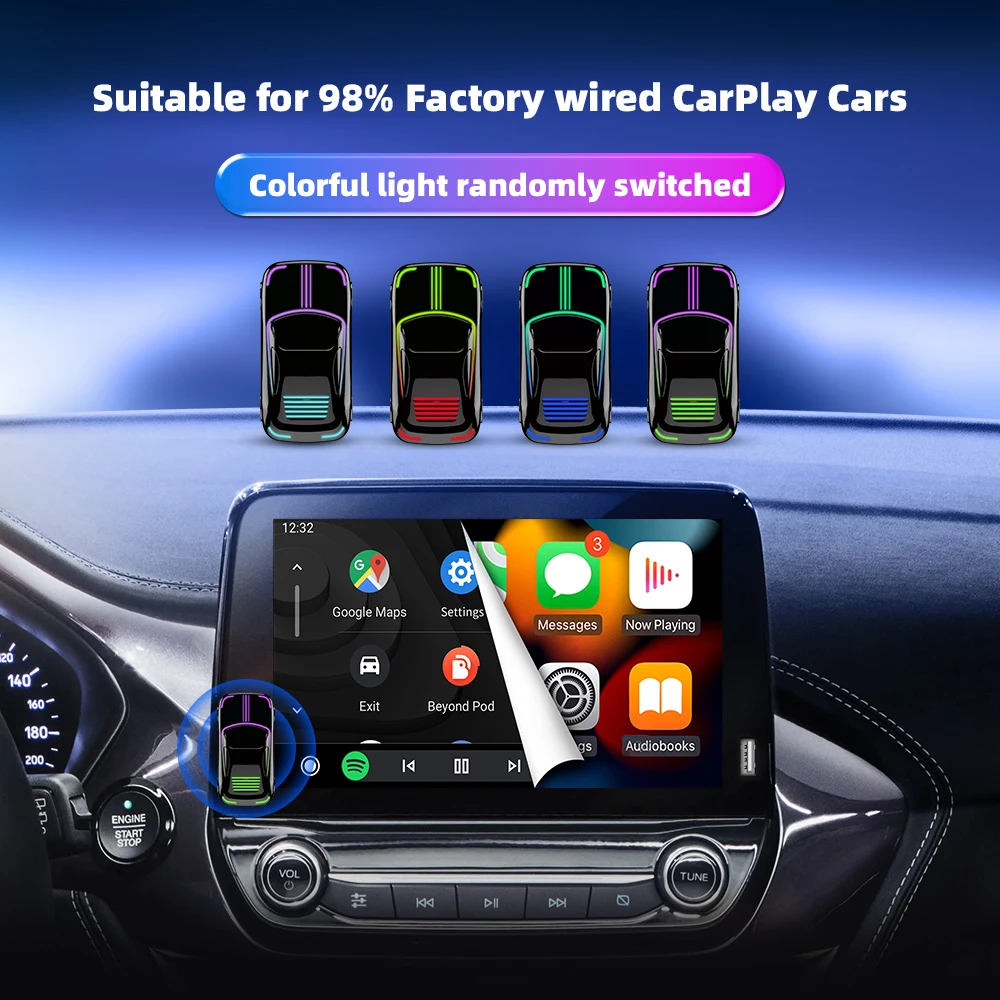 EKIY 2in1 RGB Wired to Wireless CarPlay Adapter for OEM Car Stereo With USB Plug and Play Smart Link Phone CarPlay Automatic