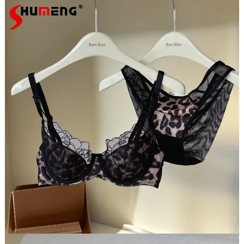 

Sexy Pure Desire Leopard Lace Brief Sets Women's Thin Gathered Beauty Back Chest Underwear Female Lace Solid Bra Suits