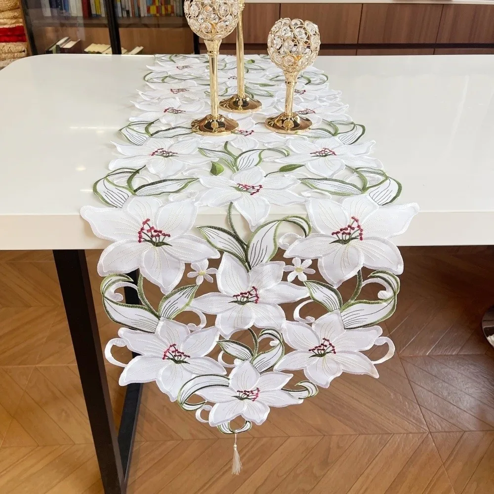 Long Strip Embroidered Table Runner with Tassel Hollow Design Tablecloth European Style Flower Table Mat Holiday Meals