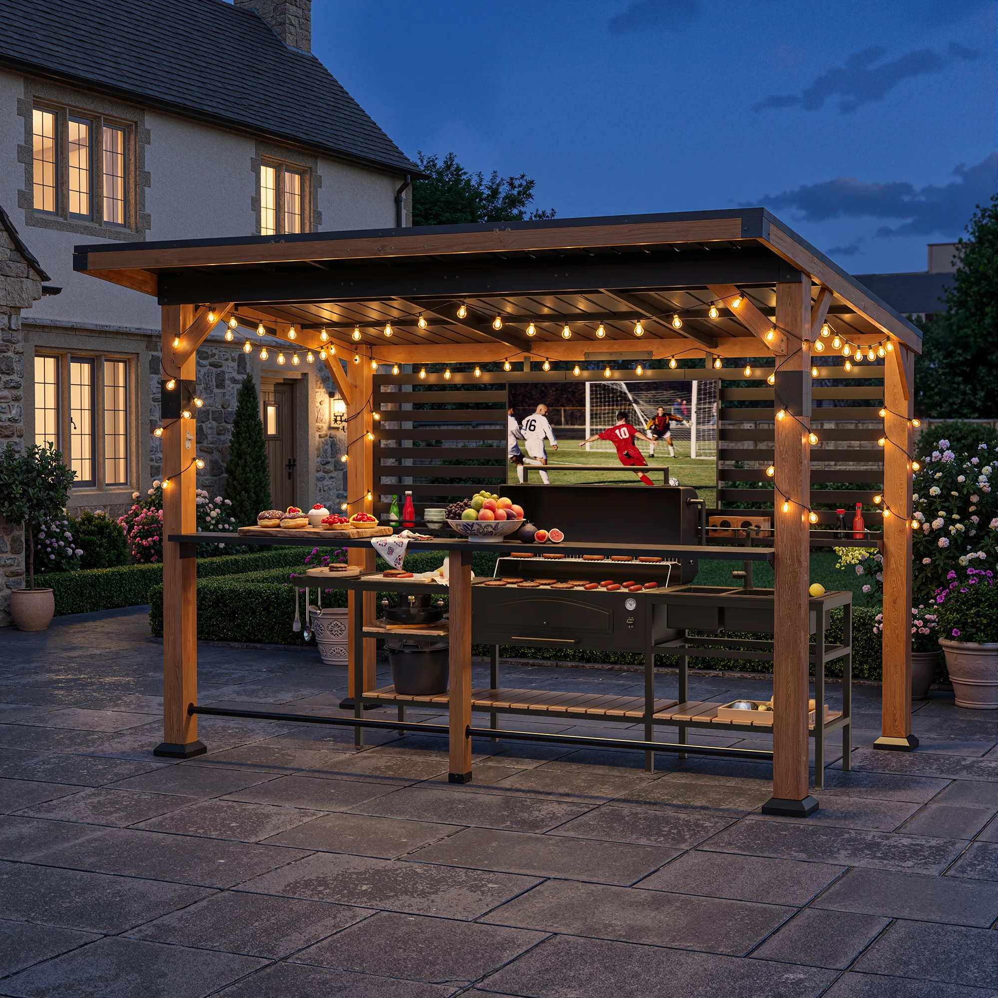 Polar Aurora 8x10 FT Wooden Grill Gazebo with Sloping Metal Roof, Suitable for Bar Counters Grills, BBQ Canopy for Outdoor Patio, Lawn, Garden