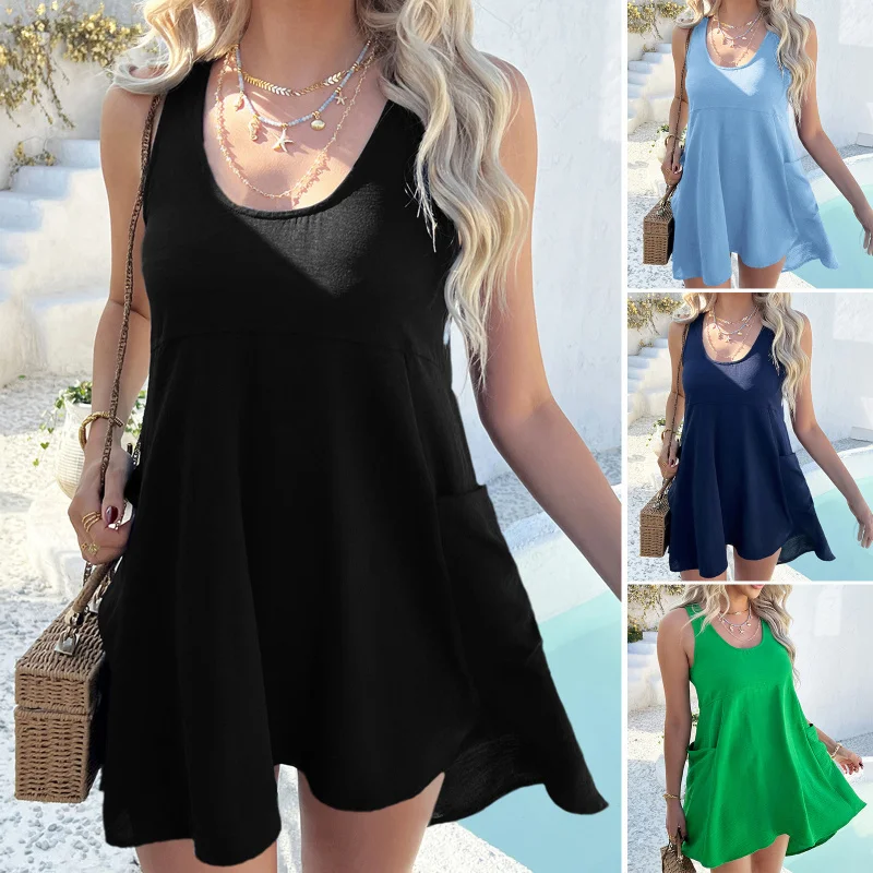 

Leisure Vacation Style Solid Color Patchwork Pocket Vest Dress