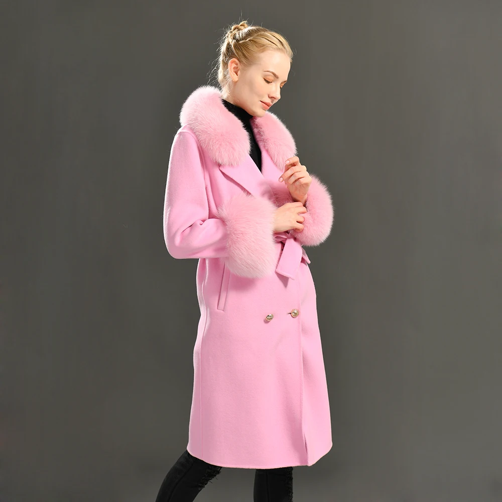 Jxwatcher Cashmere Wool Coat Spring Real Fox Fur Collar Woolen Trench Jacket Women Winter Coat Hot Selling Long Style Wool Coats