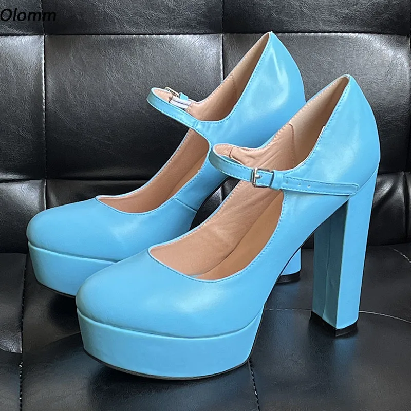 

Olomm Женские весенние туфли-лодочки ручной работы с матовой пряжкой, массивные высокие каблуки с круглым носком, великолепные небесно-голубые модельные туфли, женские туфли размера США 5-20