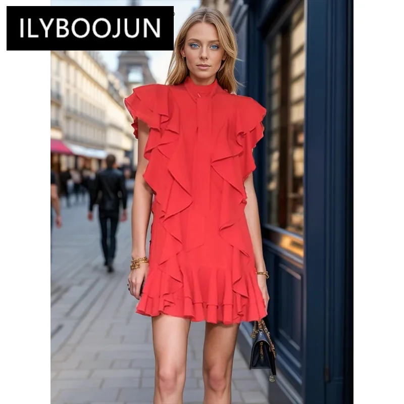 

ILYBOOJUN Solid Casual Spliced Ruffles Dress For Women Stand Collar Short Sleeve High Waist Loose Dresses Female Clothes New