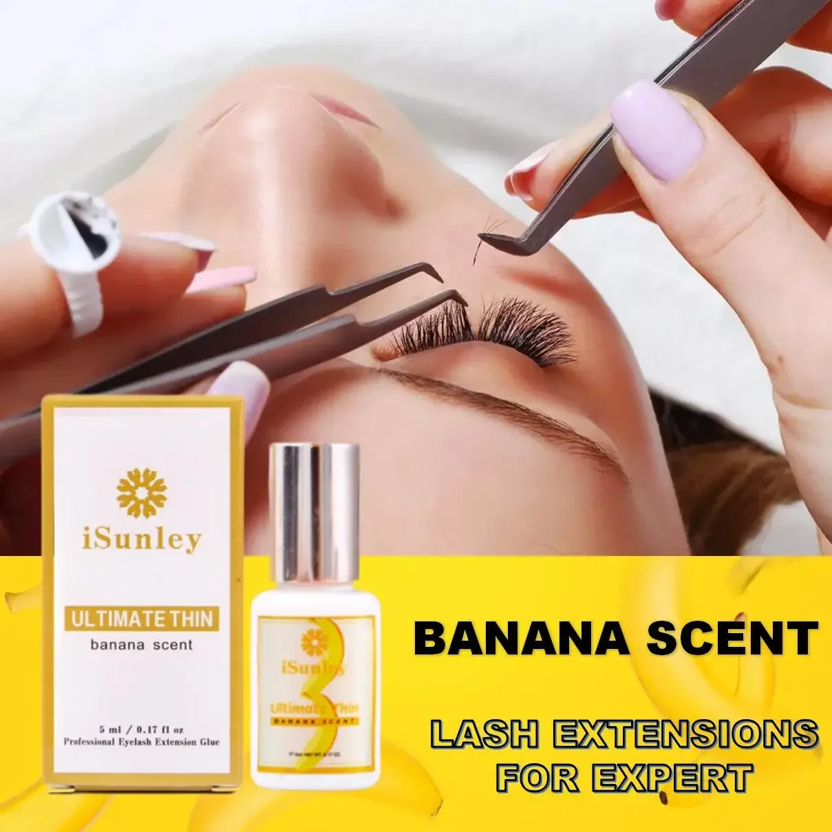 Isunley Eyelash Glue Banana Scent 1s Fast Drying Waterproof Glue Premade Fans 6-8 Week Lasting Eyelash Extension Salon Wholesale