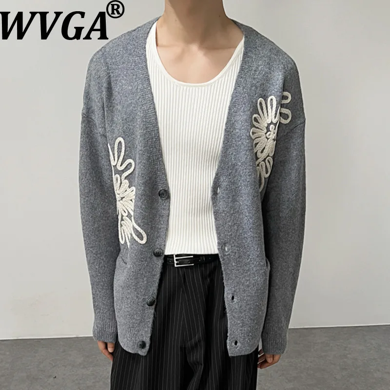 

WVGA осень-зима новый мужской вязаный кардиган с вышивкой, куртки, нишевые шикарные повседневные модные теплые шерстяные пальто с v-образным вырезом, Ins W13802