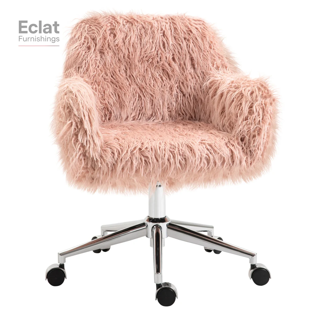 

Vinsetto Faux Fur Desk Chair, Swivel Vanity Chair with Adjustable Height and Wheels for Office, Bedroom, Pink