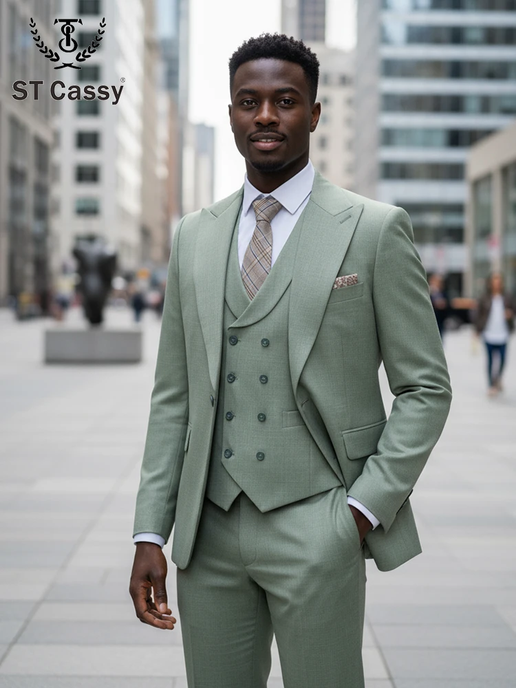 

ST Cassy New thin style three-piece set Men's Suit Green Slim Fit Formal Business Office Men's Suits（jacket+Vest+Pants）