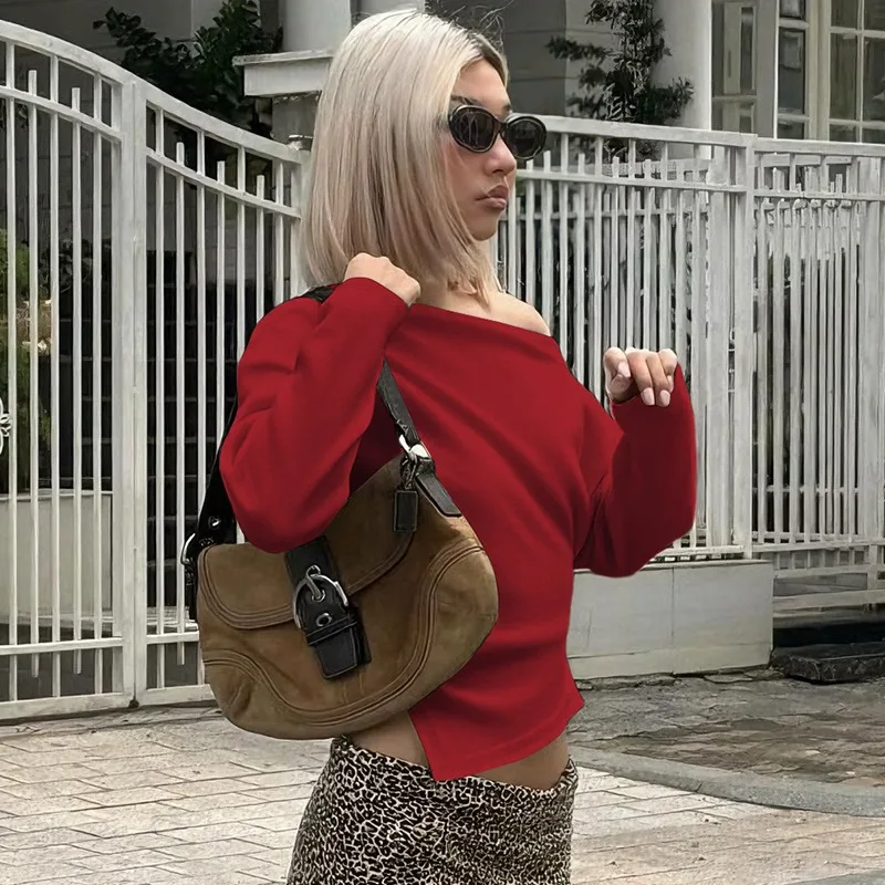 Talenza Damska Casualowa Modna Dopasowana Bluzka z Rozcięciem, Długi Rękaw, Pulower, Seksowna Bez Ramiączek, Plisowana, Nowa Bluzka na Imprezę, Damska Odzież Uliczna