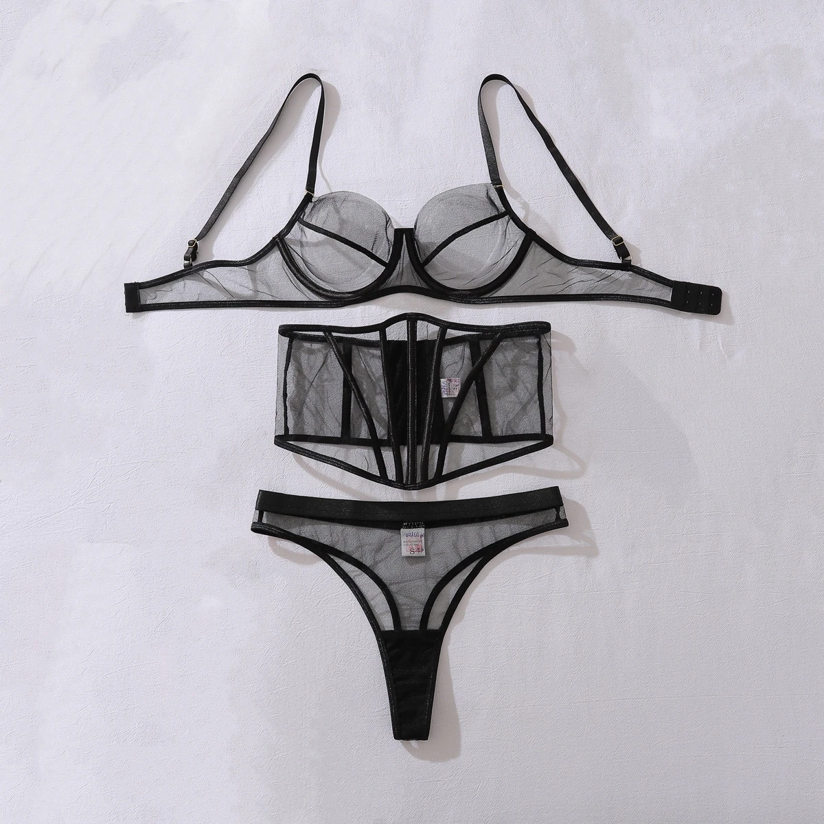 

2026 High-quality Sexy Comfortable Mesh Lingerie Women's See Through Fishbone Waist Shaping Bra Thong Female Split Underwear Set