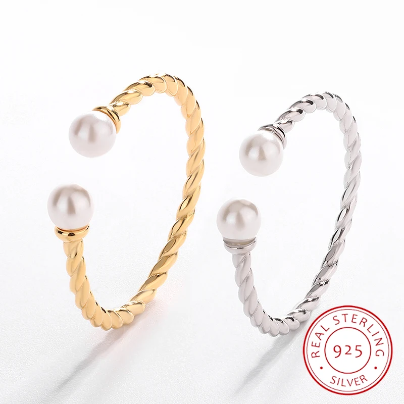 Fashionable and Simple Authentic S925 Silver 14K Gold Twisted Rope Twist Open Pearl Ring Versatile for Daily Commuting