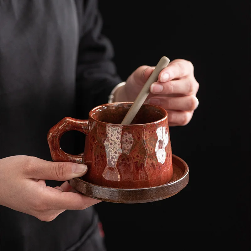 Vintage Ceramic Mug Stoneware Coffee Cup & Saucer Set Gradient Glazed Milk Afternoon Tea Cup Bread Pan 310ml Mug Drinkware Home