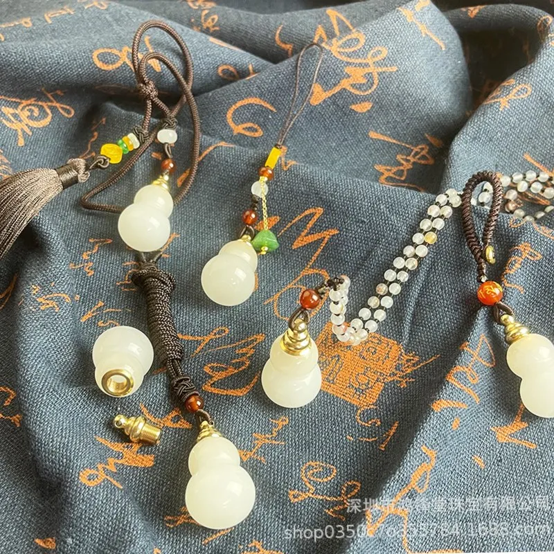 Bracelet Hand String White Chalcedony Hollow Gourd Diameter 5.5mm Cinnabar Lozenge Perfume Essential Oil Pendant Natural Jade