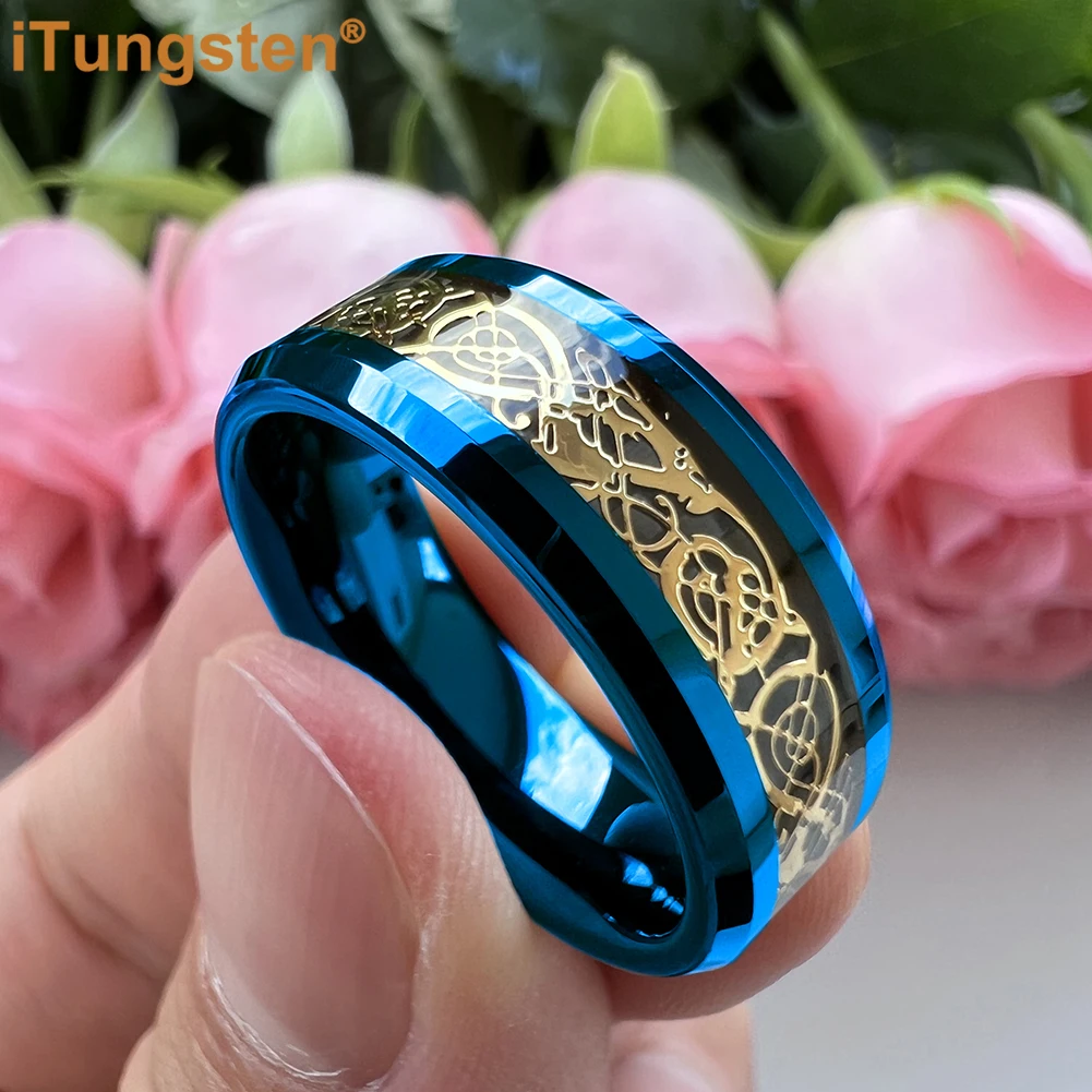 iTungsten 6/8mm Tungsten Dragon Ring for Men Women Engagement Wedding Band Fashion Jewelry Carbon Fiber Inlay Beveled