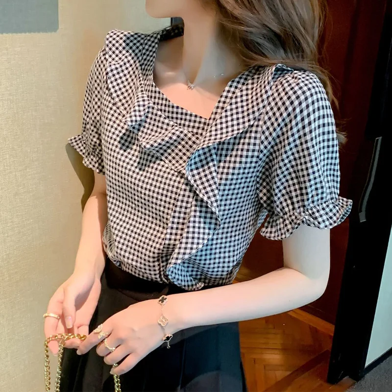 

Sweet Pleated Patchwork Plaid Blouse Summer New Short Sleeve Thin Youth All-match Korean Shirt Tops Fashion Casual Women Clothes