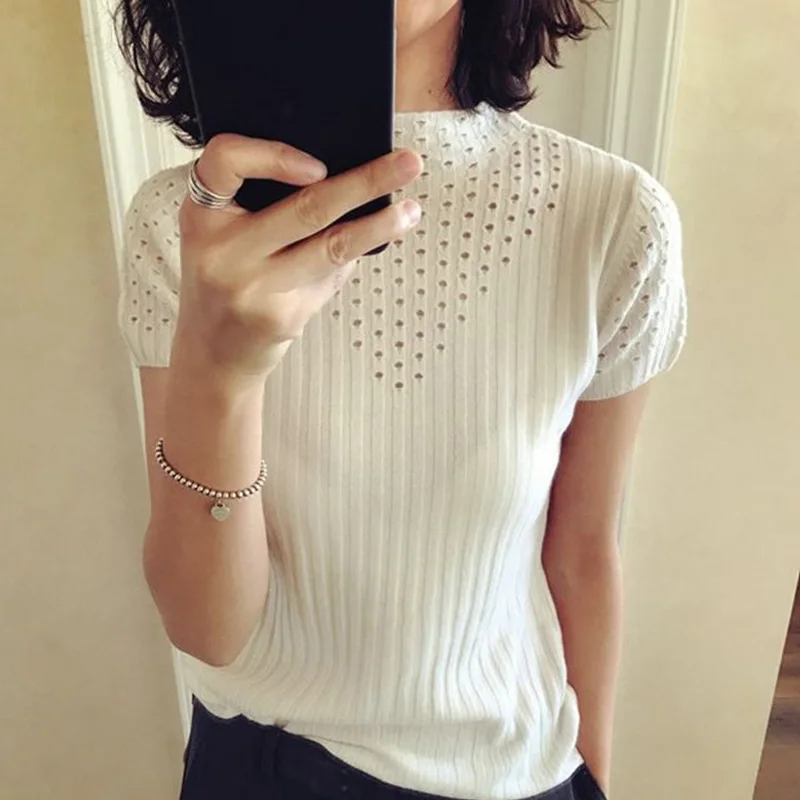 2023 Summer Half-high collar pure cotton Short Sleeve Women\'s    Hollowed Out Knitted Women\'s knitted Short Sleeve Top