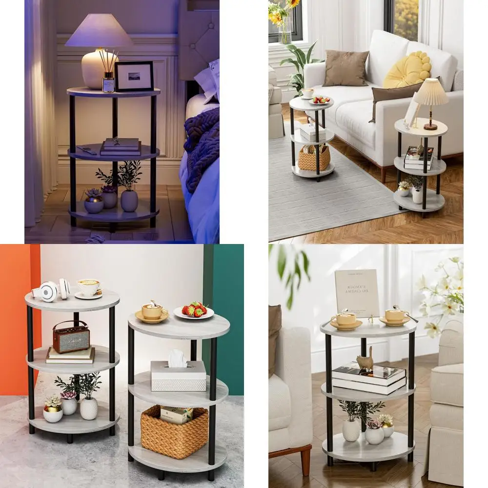 

Компактный 3-ярусный овальный приставной столик, дерево и металл в деревенском стиле, идеально подходит для небольших помещений, спальни, гостиной, цвет серо-бежевый