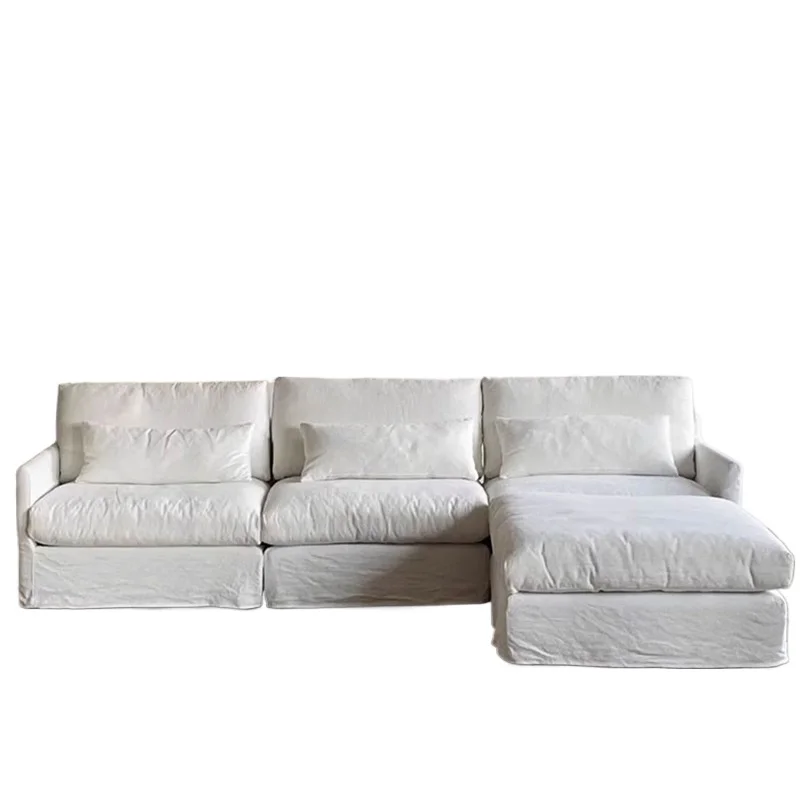 Wabi sandy wind linen fabric sofa combination, living room small apartment Nordic simple three-person corner sofa