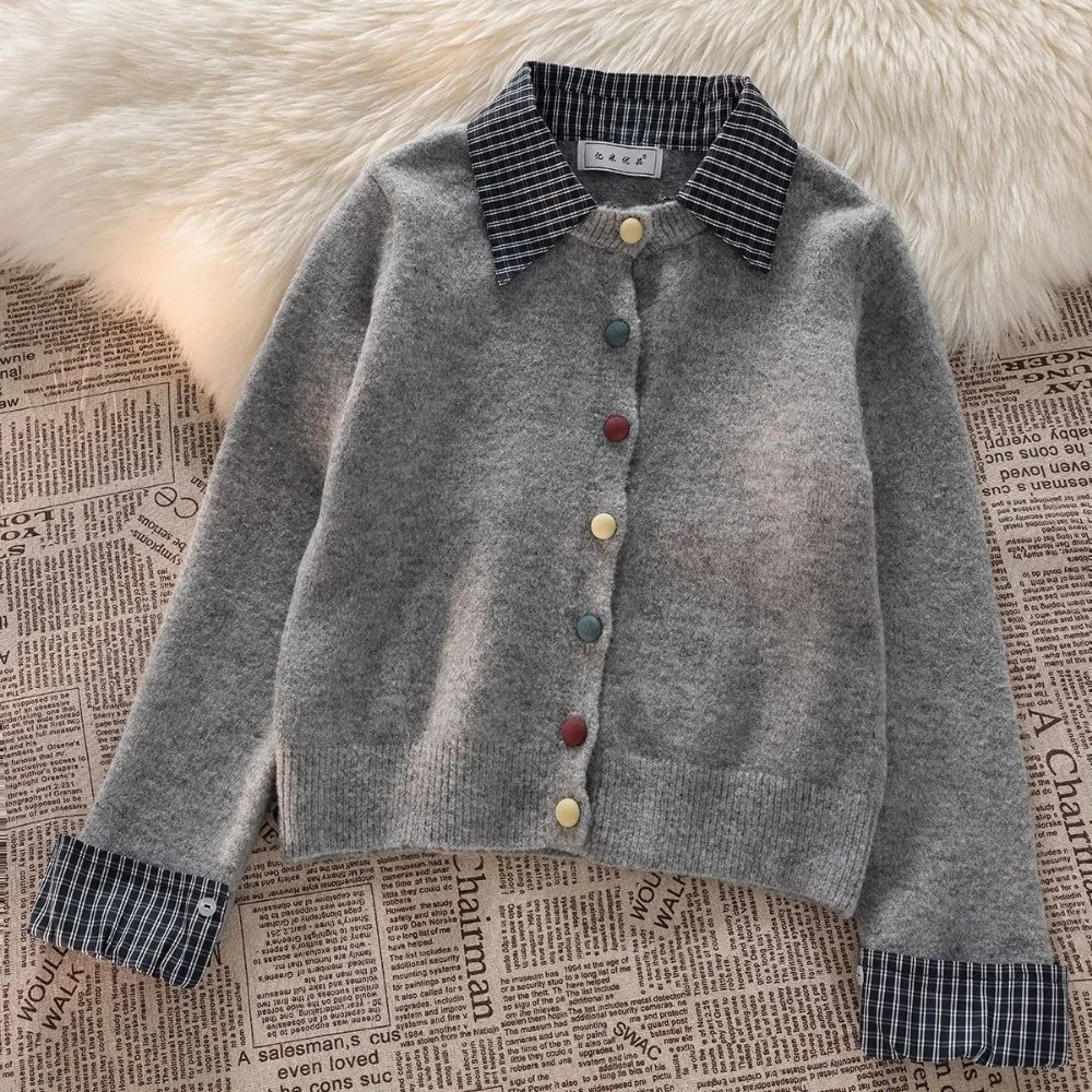

Korean Style College Style Splicing Loose Casual Knitted Cardigan Women's Fake Two-piece Tops Autumn and Winter 2025 New Style
