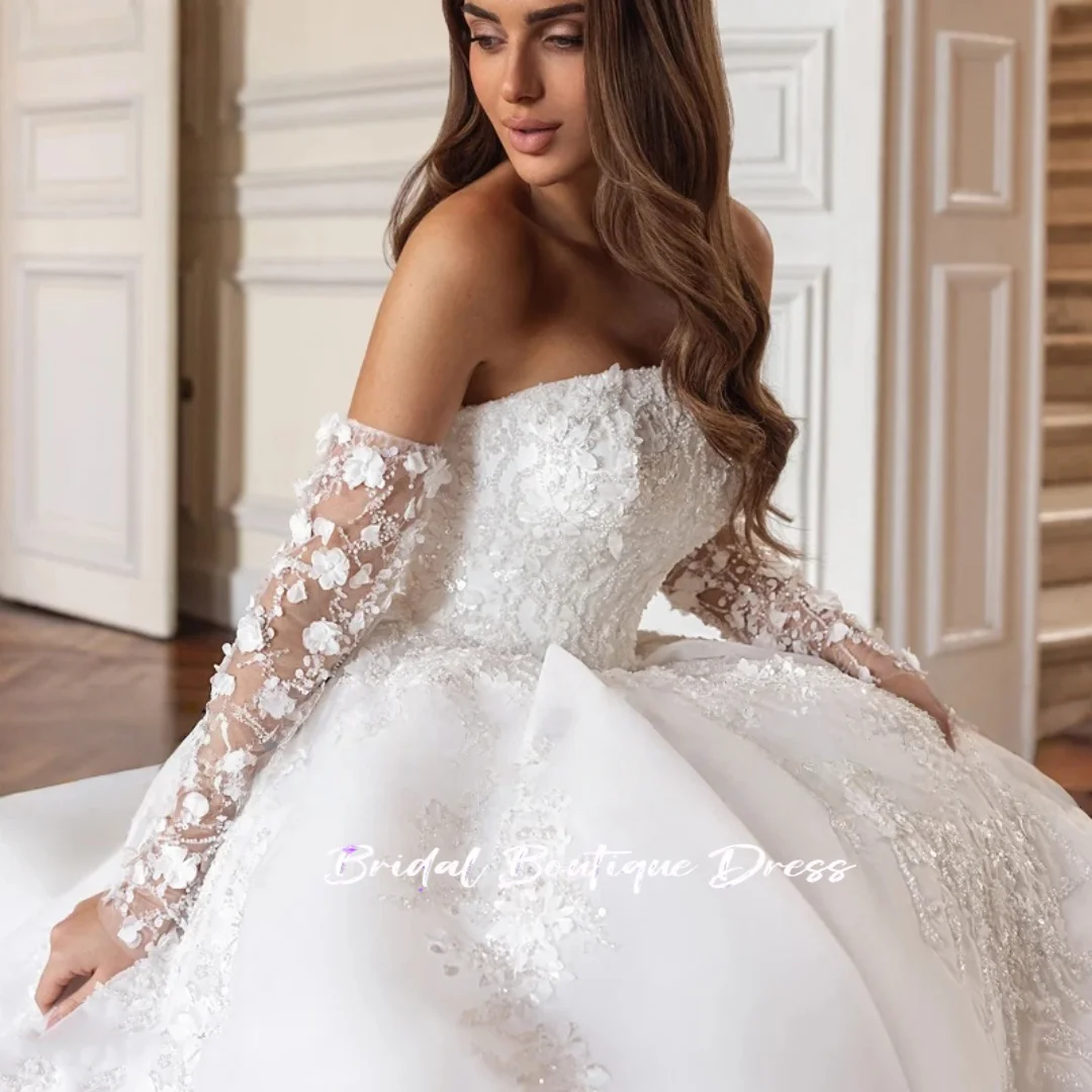 تخصيص رائع حمالة كم طويل الكرة ثوب الزفاف الفاخرة يزين الديكور التطريز الأميرة ثوب الزفاف