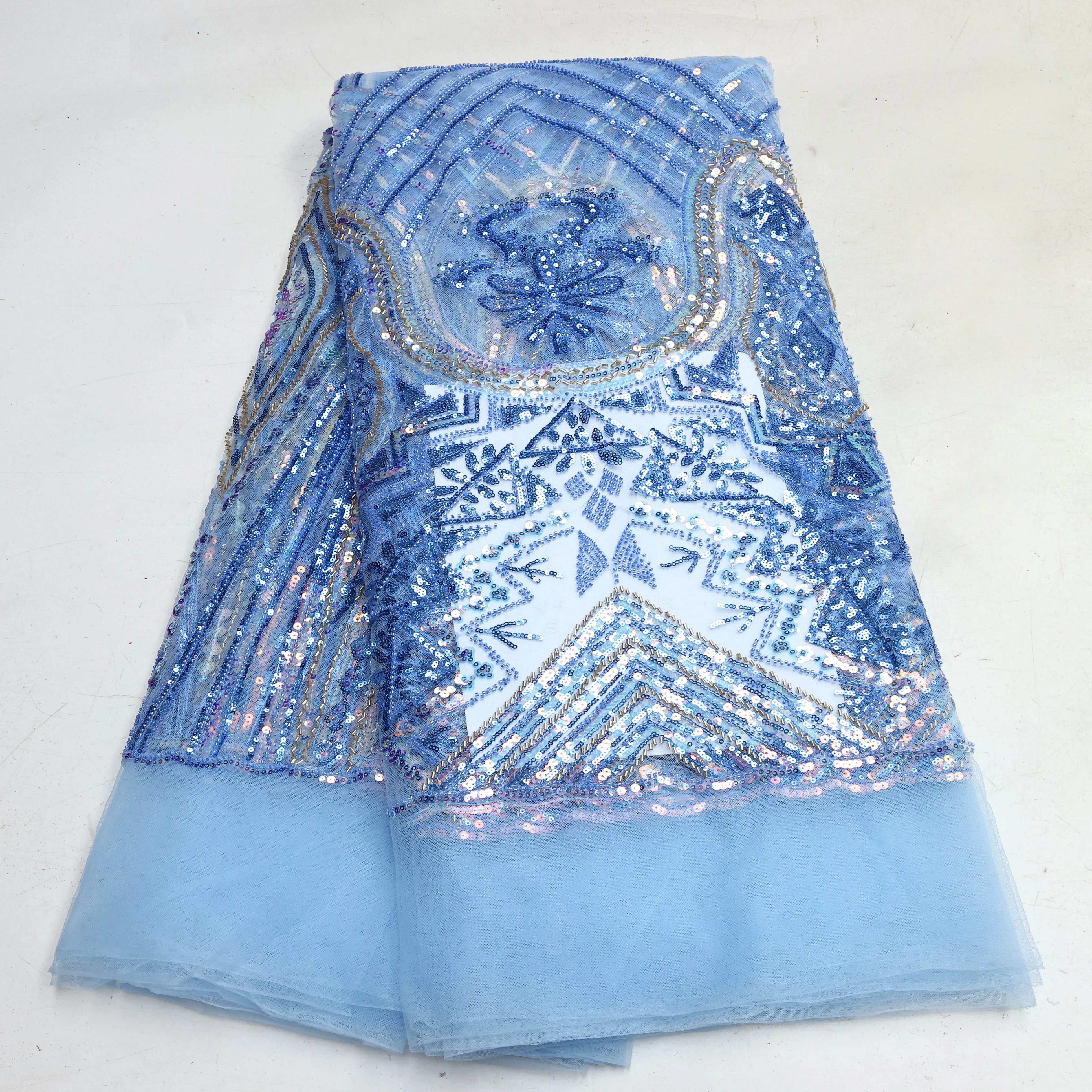 

Newest African Luxury Sequins Beaded Tulle Lace Fabric For Evening Dresses Women Beaded Net Lace Material with Stones 5 Yards