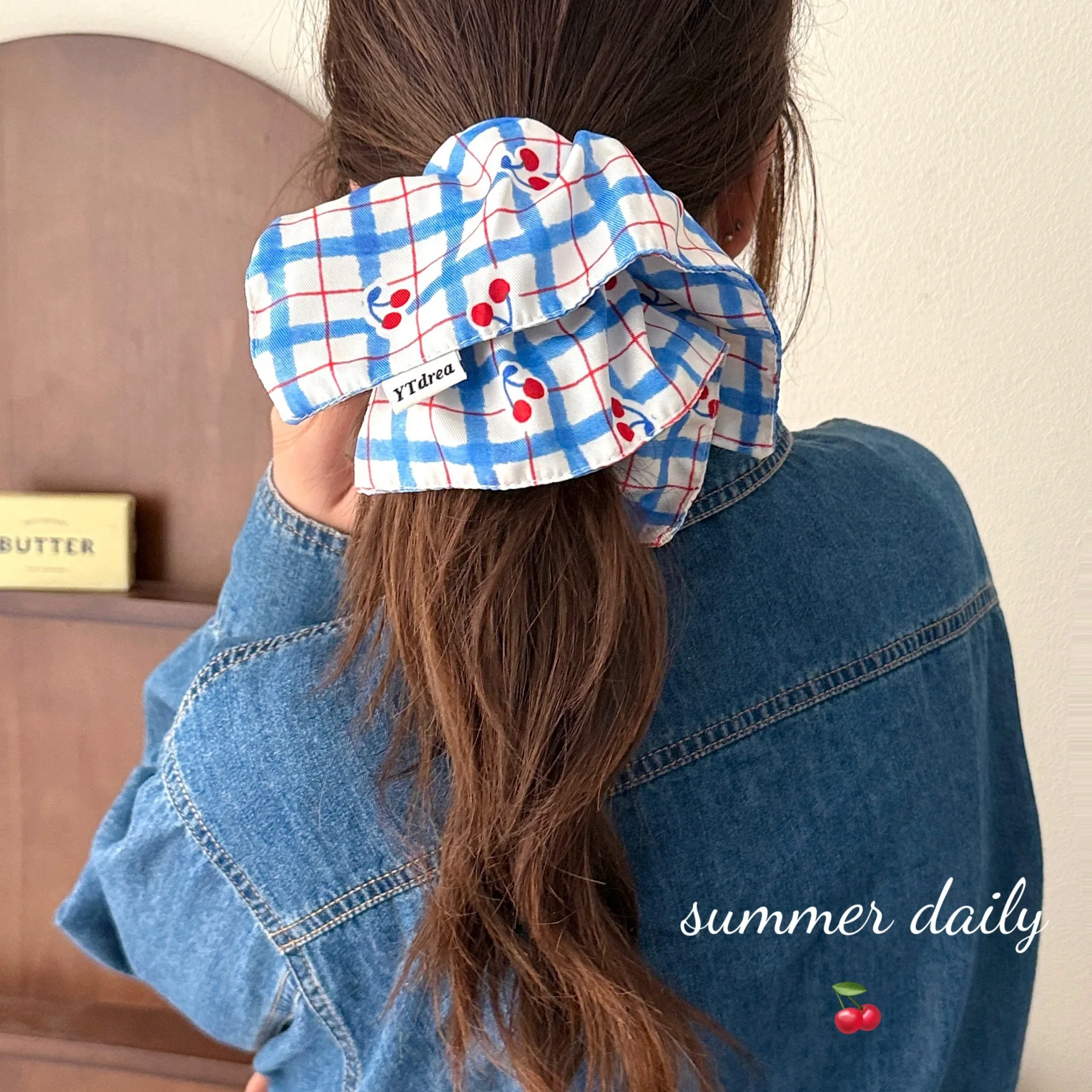 Oversize Hair Scrunchie 20cm Summer Cherry Floral Bandana Design Puff Elastic Tie for Women High Bun Luxe