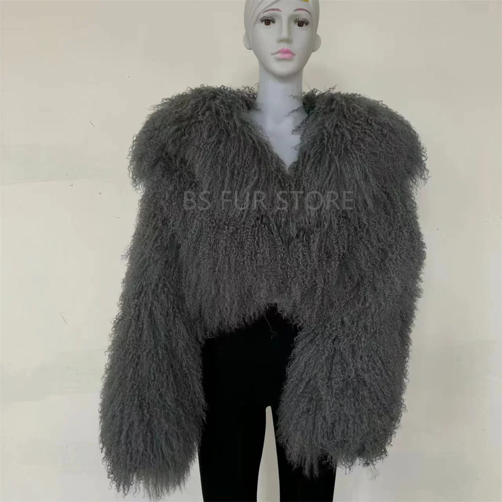 Giacca invernale da donna calda e soffice, cappotto di pelliccia mongola autunnale femminile, colletto rovesciato grande, cappotto corto in vera pelliccia