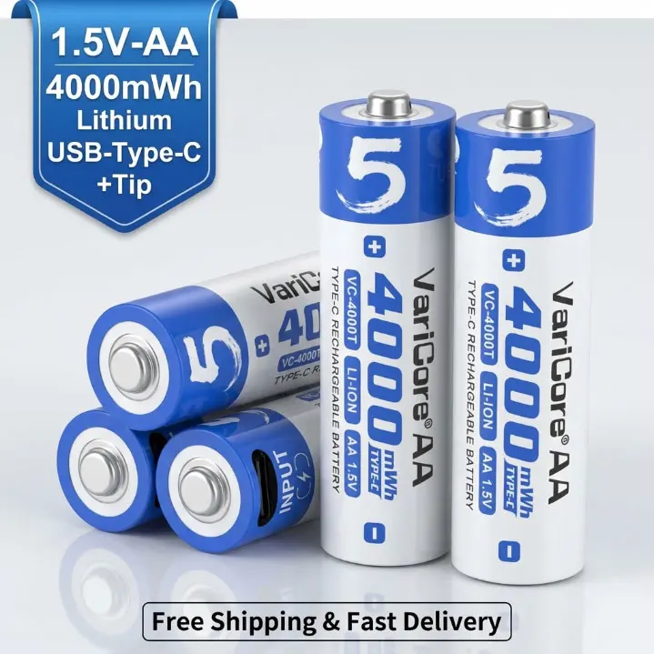 

AA 1.5V Lithium Rechargeable Battery 4000mWh with Type-C Fast Charging for Remote Controls, Mice and Electric Toys
