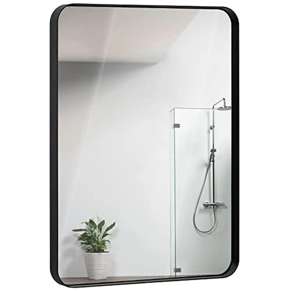 22x30 inch Floating Glass Black Metal Frame Mirror Bathroom Vanity Wall Decor Modern Rounded Corner Design Easy Installation