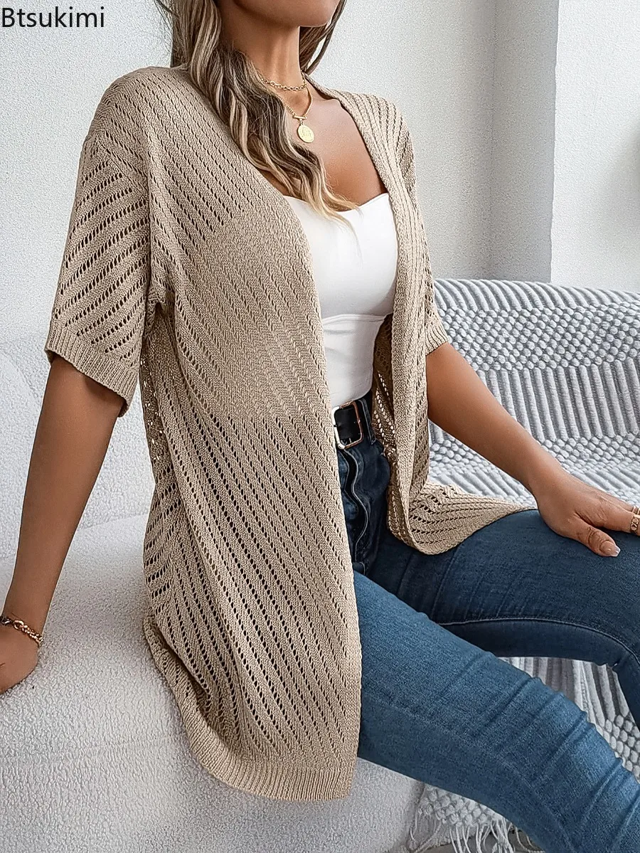 2025 Women's Spring Summer Hollow Knitted Cardigan Solid Color Short Sleeve Sunscreen Shirt Fashion Leisure Vacation Clothing