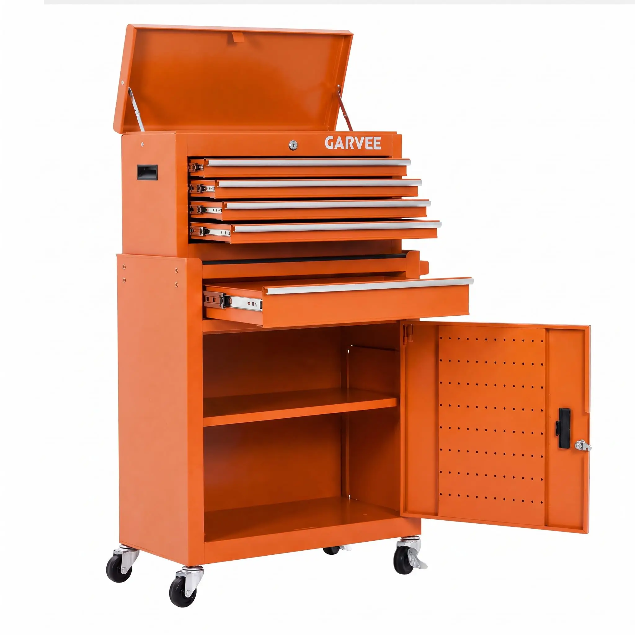 Lockable 2-in-1 Rolling Tool Chest & Cabinet, 8-Drawer Large Metal Tool Box Cart - Sliding Drawers W/ Protective Liners, 3-Inch Casters, Side Armrest