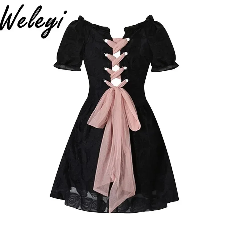 

Cute French Style Dress Women Clothing 2024 Summer New Fashion Black Short Sleeved Lace Up Bow Waist Tight Elegant Midi Dresses