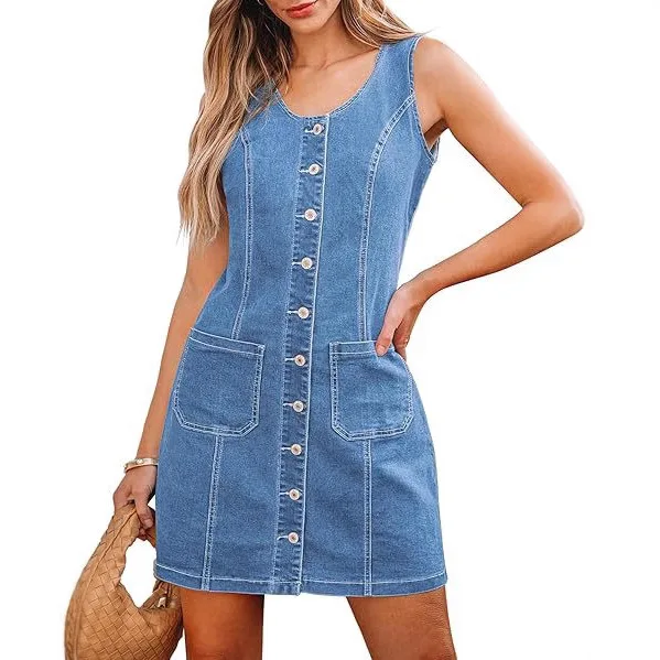 New Spring/Summer 2025 Fashionable Solid-color Casual Sleeveless, Waist-cinching Single-breasted Short Dress with Patch Pockets