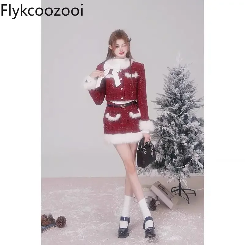 Winter Christmas Atmosphere Fragrant Fluffy Coat High Waist Skirt New Year Red Temperament Two-piece Set Skirt Suits