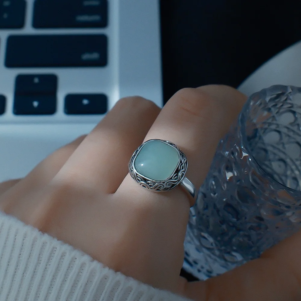 

Кольца из стерлингового серебра 925 пробы для женщин, простое винтажное регулируемое кольцо ручной работы с зеленым камнем, модное кольцо на палец, женское бижутерное украшение, подарок