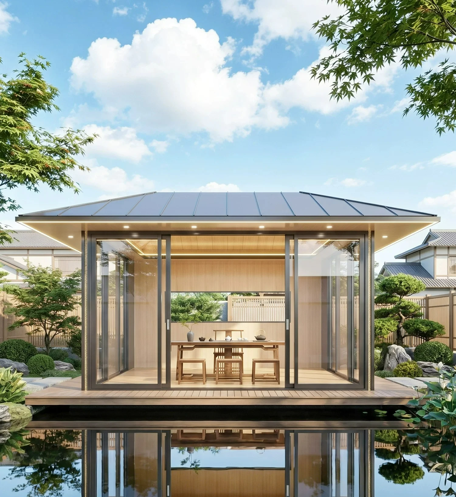 Customized EditionAluminum alloy pavilion sun room Japanese glass tea room broken bridge aluminum doors and windows villa rural