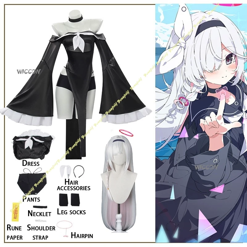 

Blue Archive Cosplay Costume Plana Women Wig Hairpin Sexy Black Skirt Shorts Zombie White Clothe Pants Girls Christmas Halloween