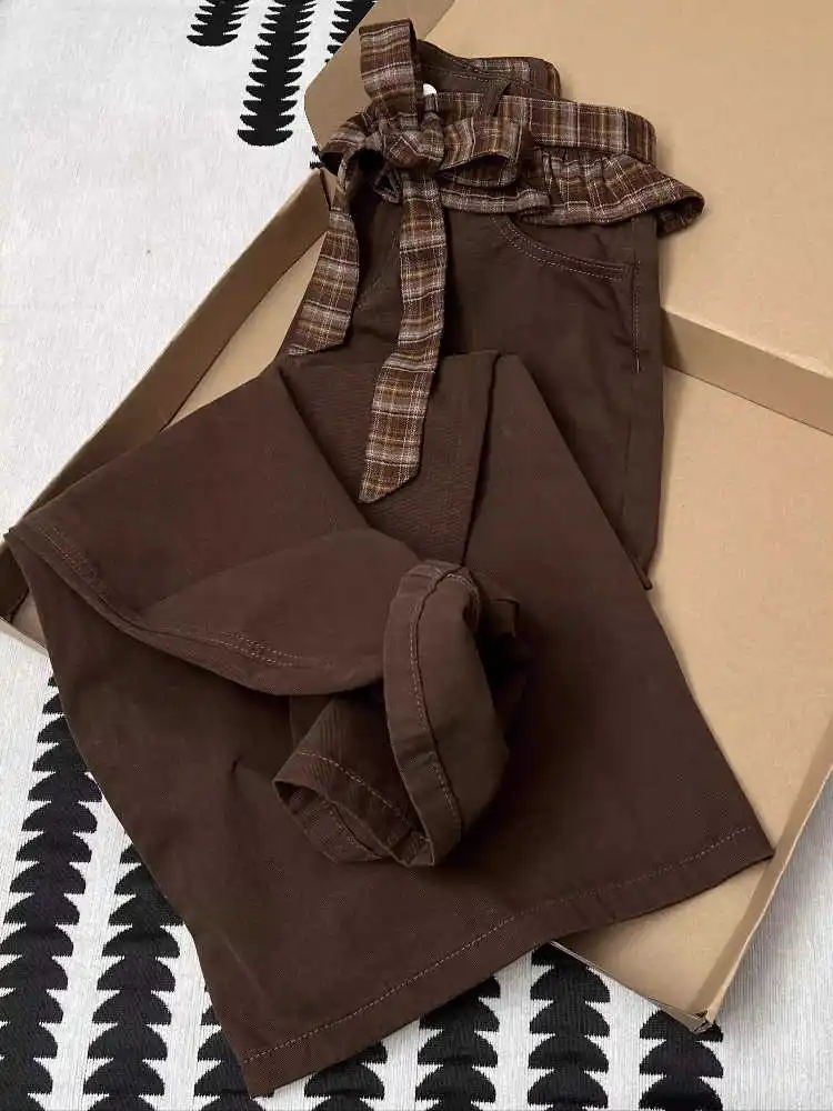 

American Retro Coffee Plaid Lace Splicing Jeans for Women Bow Design High Waist Loose Wide Leg Versatile Floor Length Pants