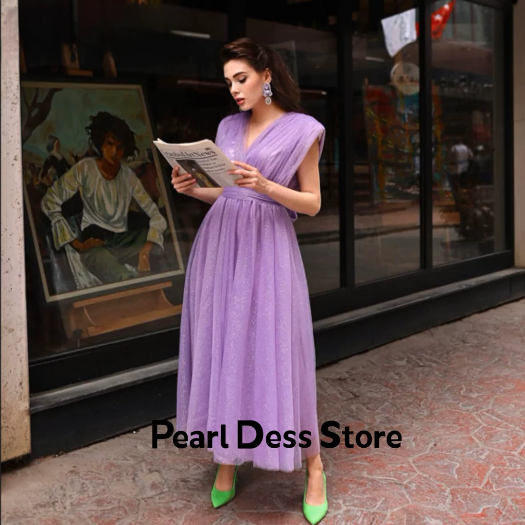 Minimalist Tulle Prom Dress Vestidos De Noche Elegant Purple Evening Dress A-Shape Bright Party Dress