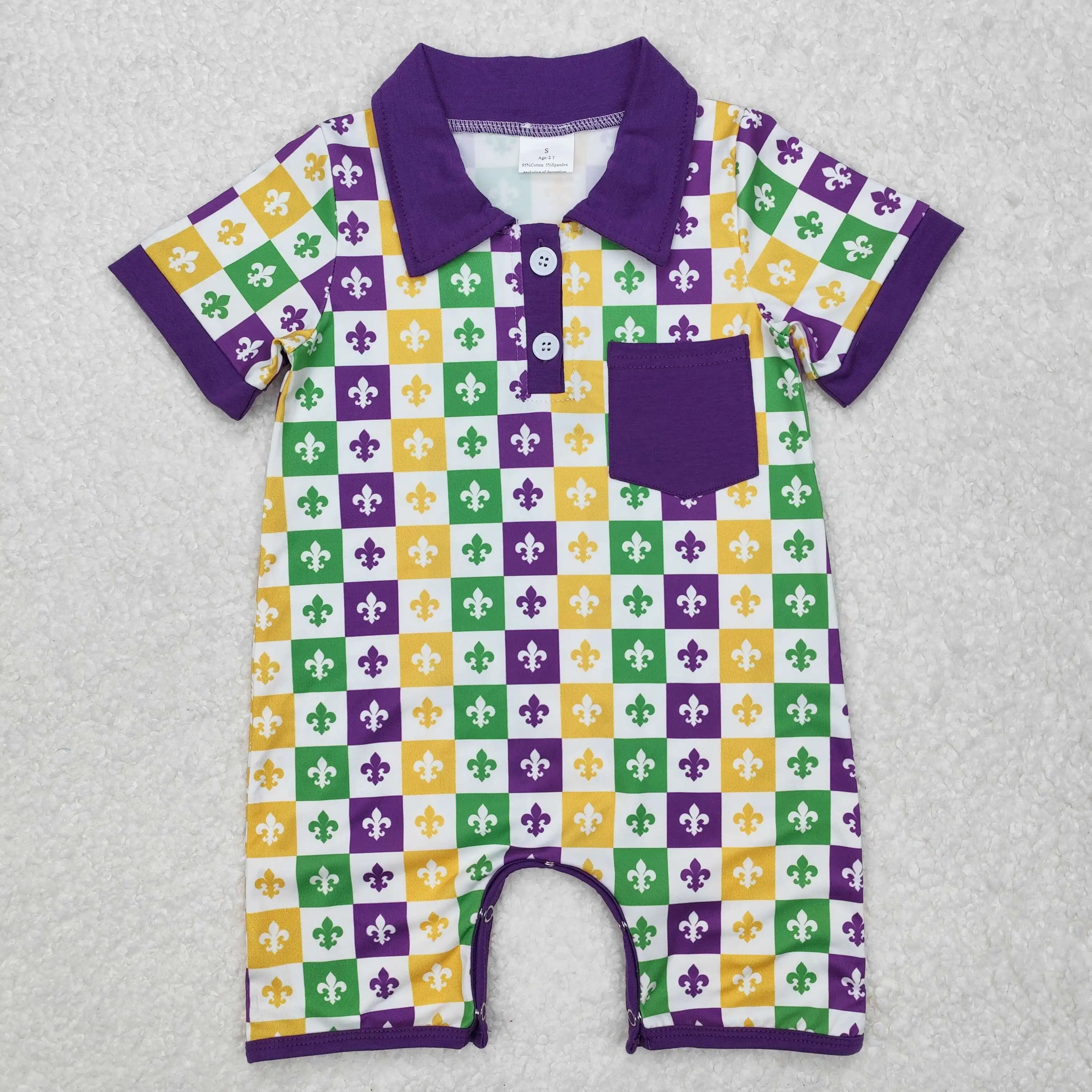 Wholesale Toddler Mardi Gras Romper Kids Short Sleeves Clothes Baby Boy Checked Bubble Children Infant Pullover Buttons Jumpsuit