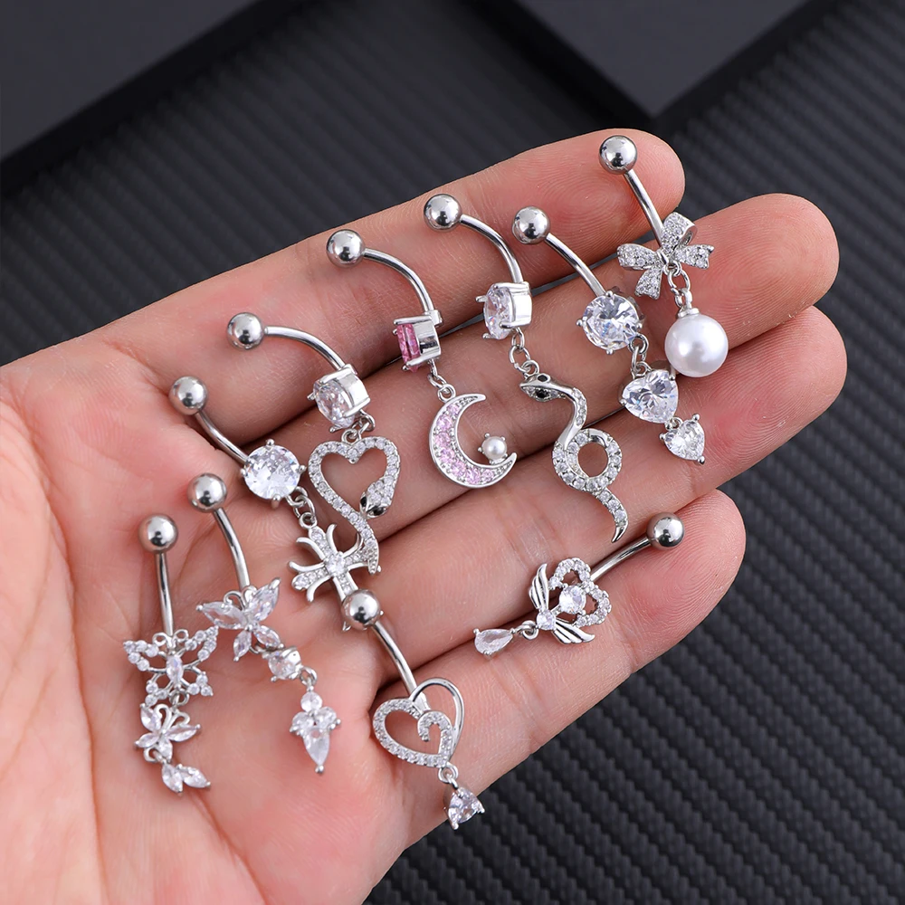 Mixed-Style Butterfly Dangle Belly Button Rings for Women Fashion Heart Cross Crystals CZs Stainless Steel Navel Belly Piercing