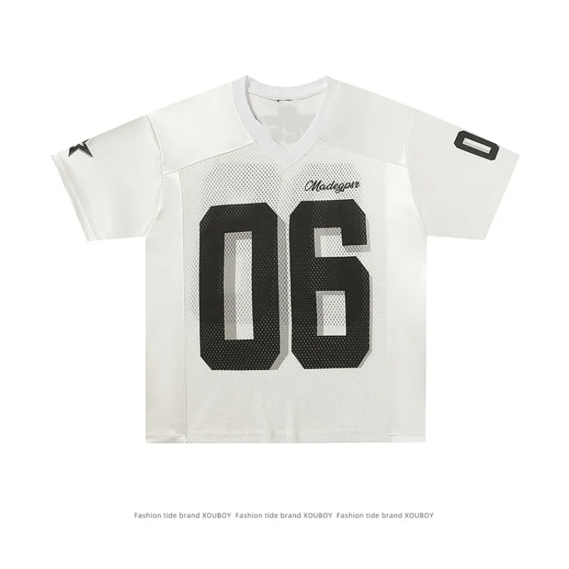 

Hip hop American style patchwork mesh V-neck jersey T-shirt for men and women, breathable and cool summer sports top